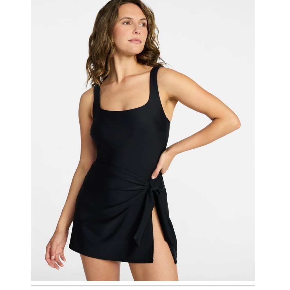 Time and Tru Women Faux Wrap Swim Dress Black One Piece Size S 4-6 Swimsuit
